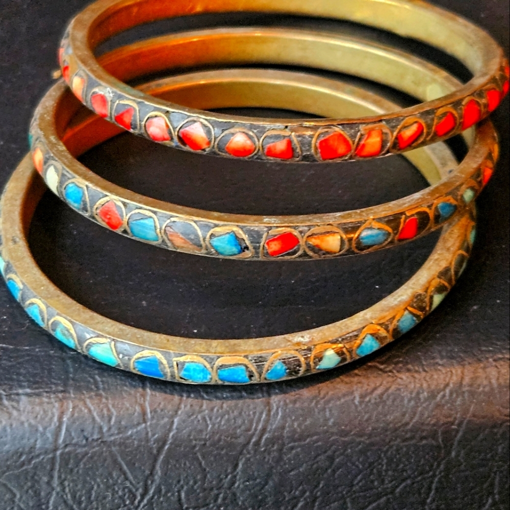 Vintage brass set of bangle bracelets with natural stone inlay